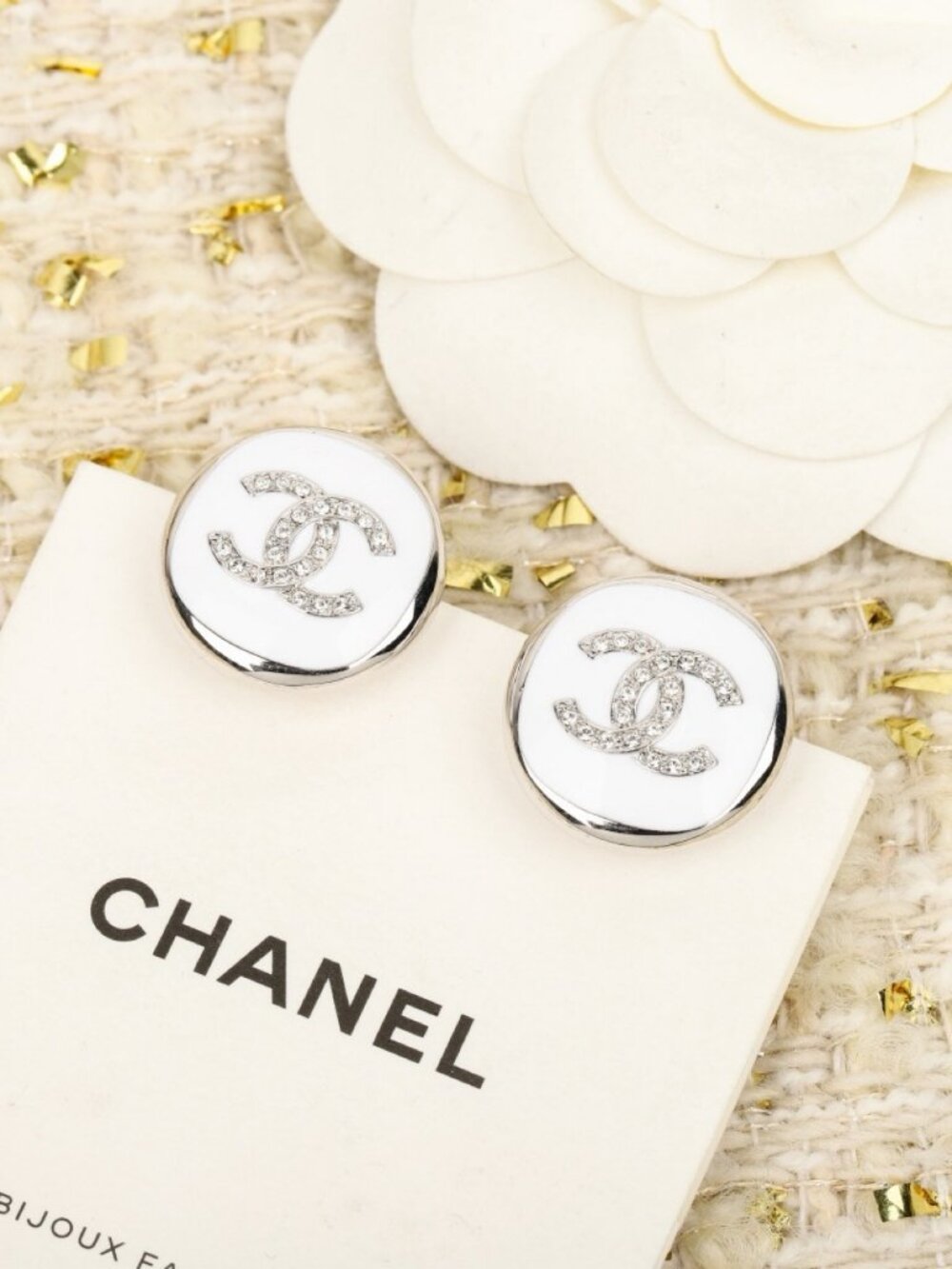Chanel Silver-Tone White Enamel Crystal CC Stud Earrings